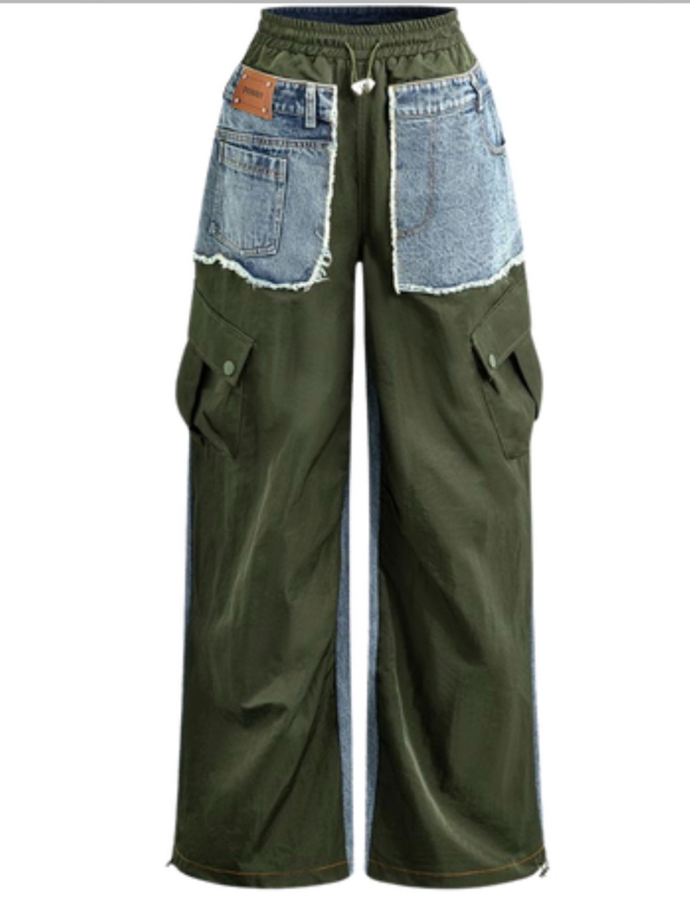 Women’s Olive Green Cargo Jeans with Denim Patch Pockets